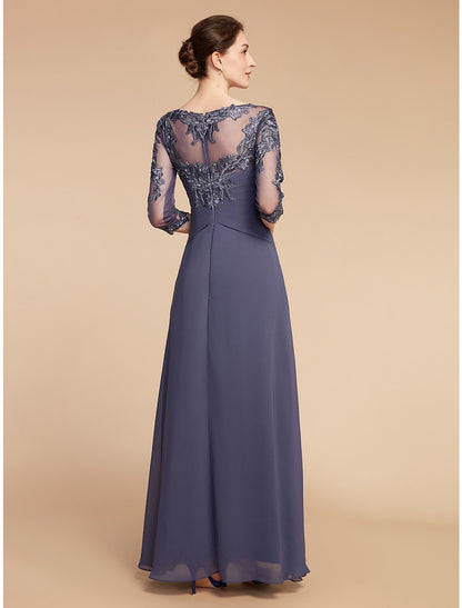 A-Line Mother of the Bride Dress Elegant V Neck Floor Length Chiffon Lace 3/4 Length Sleeve with Ruffles Appliques