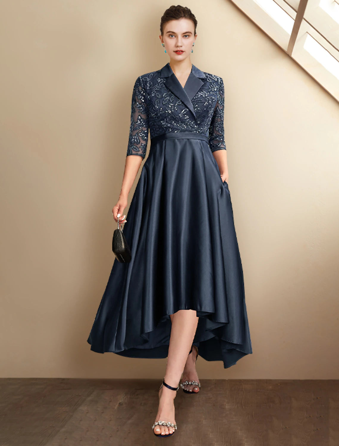 A-Line Mother of the Bride Dress Elegant Plus Size High Low Shirt Collar Asymmetrical Tea Length Satin Lace Half Sleeve with Pleats Sequin Appliques