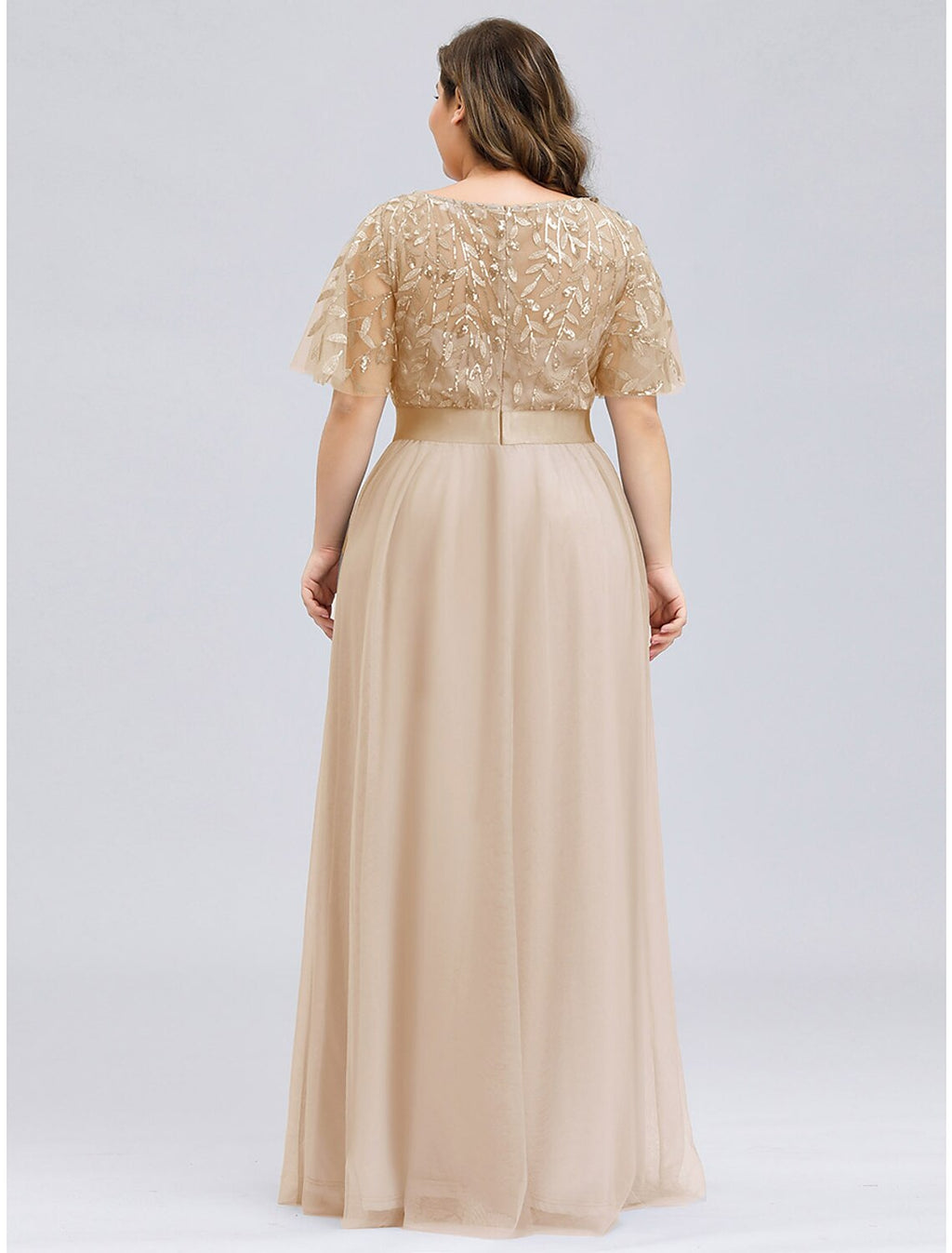 A-Line Prom Dresses Plus Size Dress Wedding Guest Prom Floor Length Short Sleeve Jewel Neck Bridesmaid Dress Chiffon with Appliques