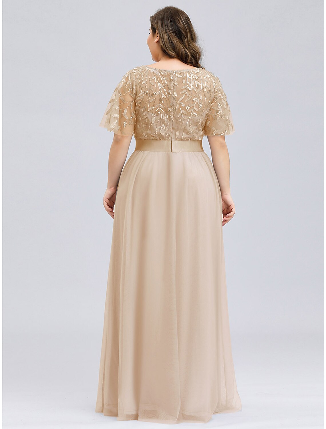 A-Line Prom Dresses Plus Size Dress Wedding Guest Prom Floor Length Short Sleeve Jewel Neck Bridesmaid Dress Chiffon with Appliques