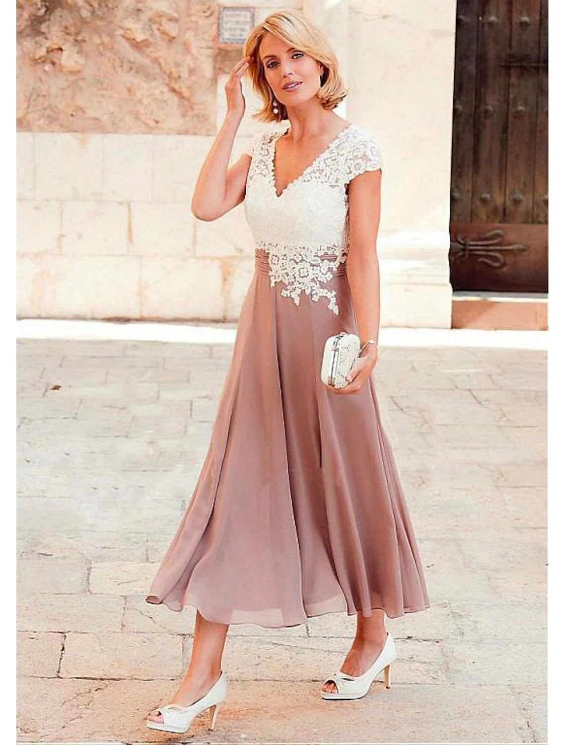 A-Line Mother of the Bride Dress Plus Size V Neck Tea Length Chiffon Lace Short Sleeve with Lace Ruching