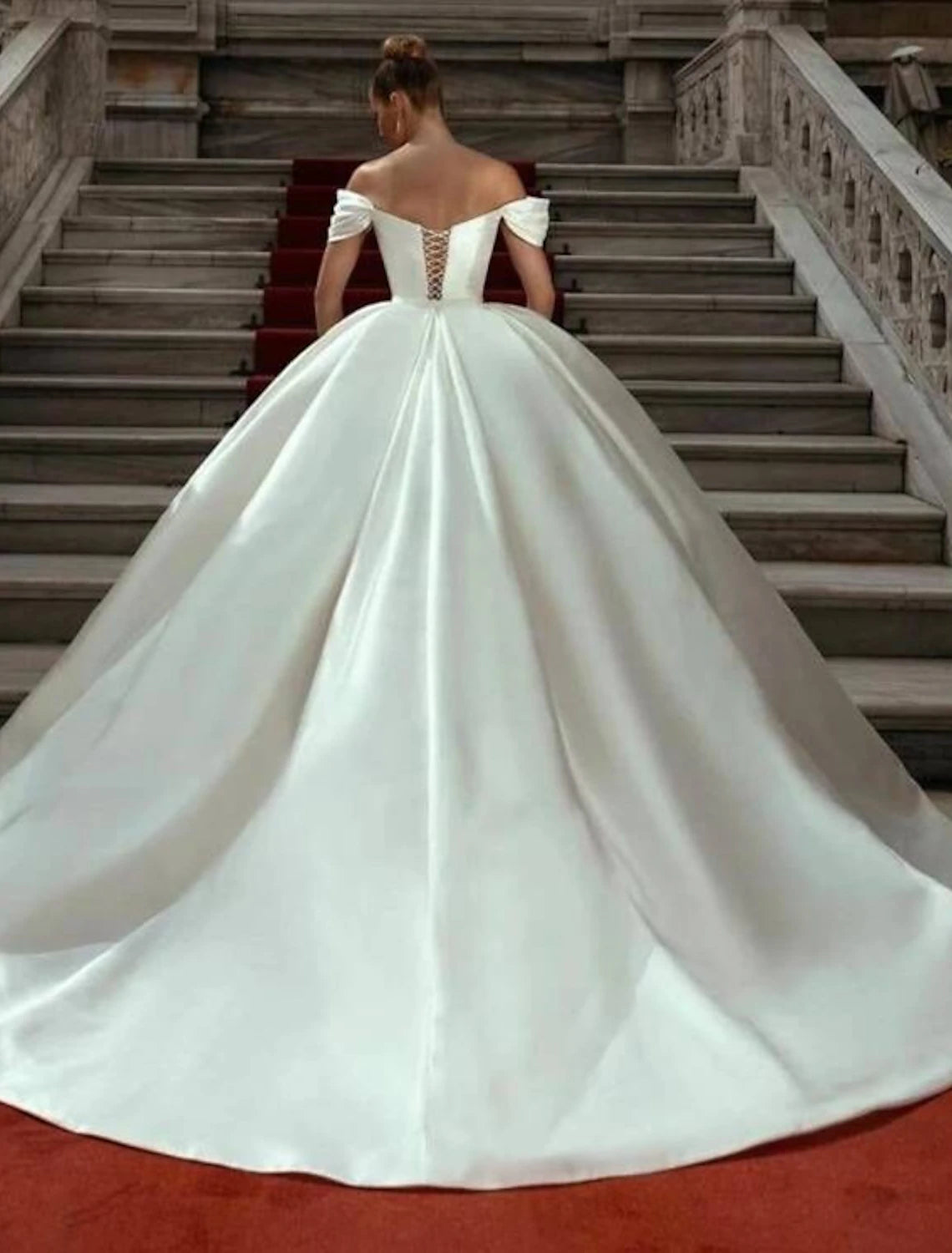 Engagement Formal Wedding Dresses Ball Gown Off Shoulder Cap Sleeve Court Train Satin Bridal Gowns With Ruched Solid Color