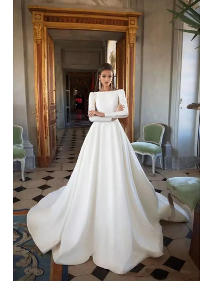 Formal Fall Wedding Dresses Ball Gown Scoop Neck Long Sleeve Court Train Satin Bridal Gowns With Buttons Pleats