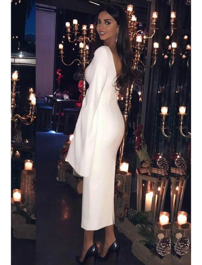 Sheath / Column Cocktail Dresses Party Dress Wedding Guest Holiday Tea Length Long Sleeve Jewel Neck Fall Wedding Guest Jersey Backless with Sleek Pure Color