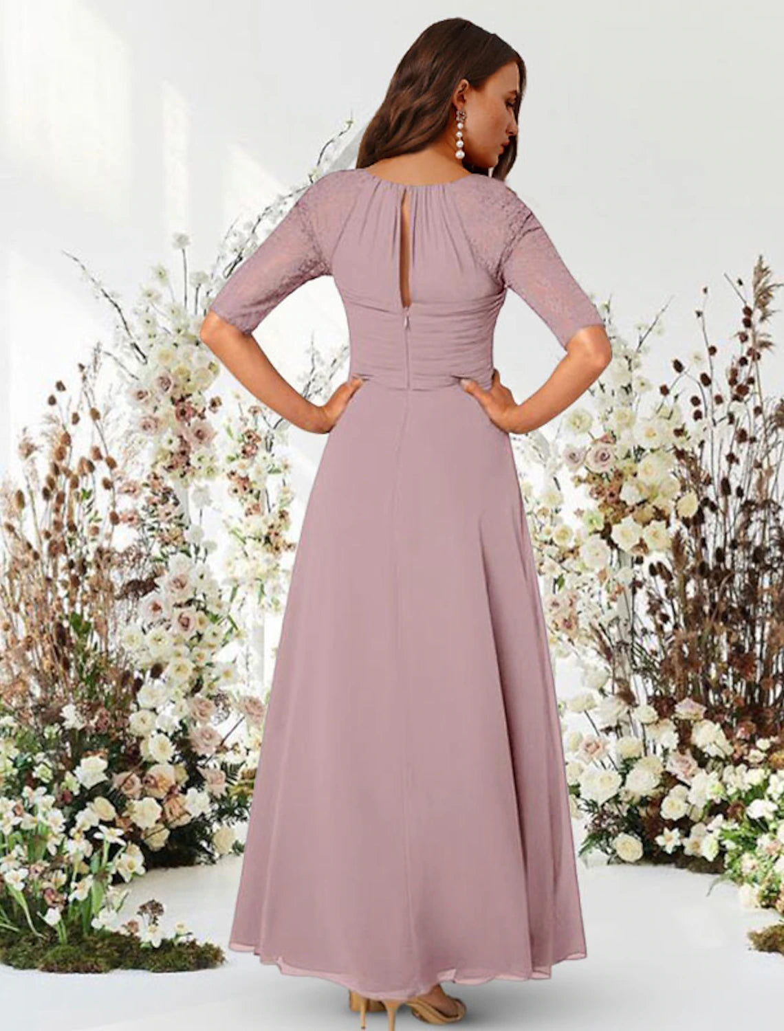 A-Line Evening Gown Elegant Dress Wedding Guest Formal Evening Floor Length Half Sleeve Jewel Neck Chiffon with Pleats Ruched