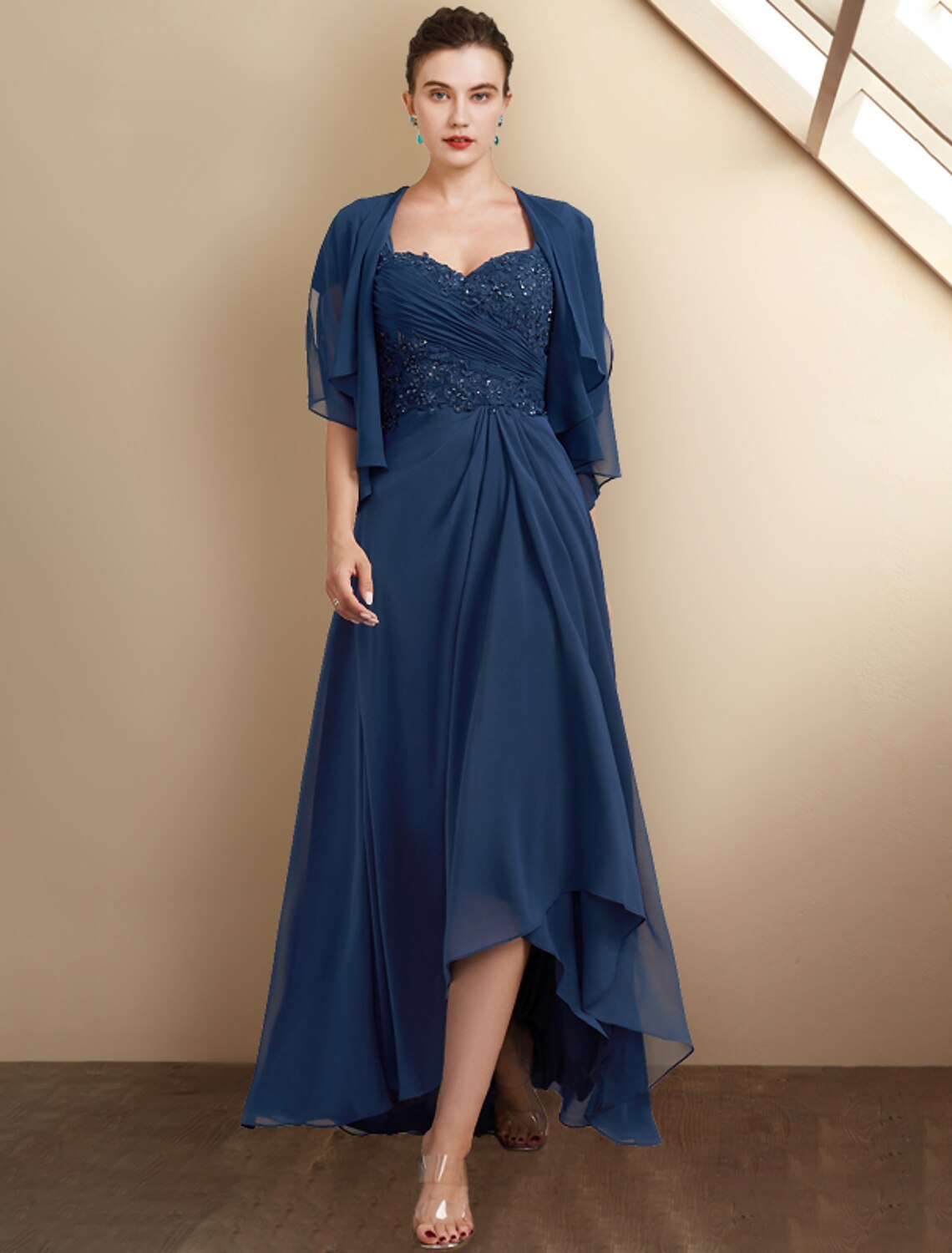 A-Line Mother of the Bride Dress Wedding Guest Elegant High Low Square Neck Asymmetrical Tea Length Chiffon Lace Cap Sleeve Fall Wrap Included with Sequin Appliques Side-Draped