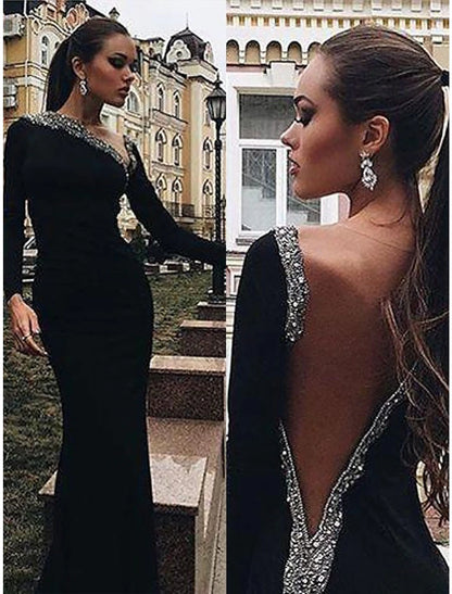 Mermaid / Trumpet Evening Gown Open Back Dress Wedding Guest Engagement Floor Length Long Sleeve V Neck Stretch Fabric with Crystals Beading