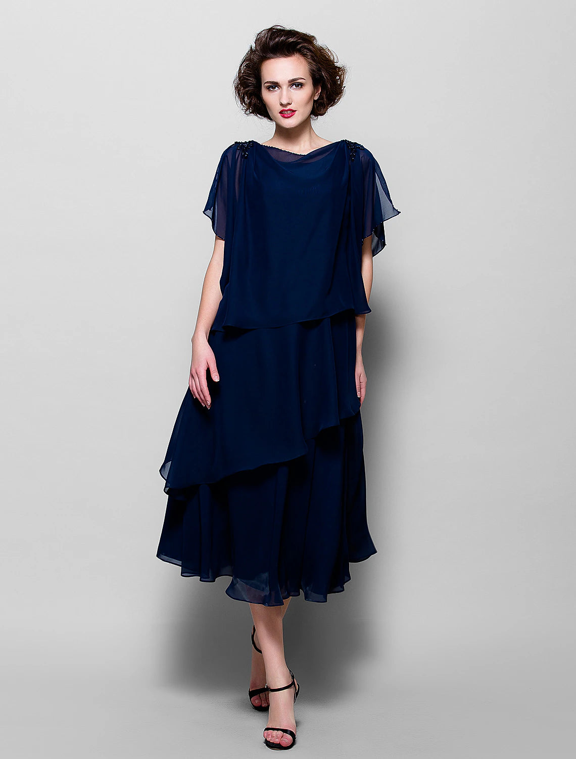 A-Line Mother of the Bride Dress Elegant Plus Size Cowl Neck Tea Length Chiffon Short Sleeve with Ruffles Crystal Brooch