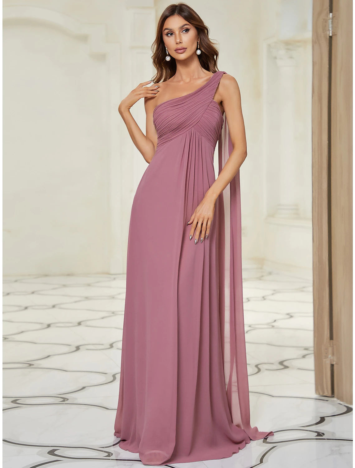 A-Line Evening Gown Empire Dress Wedding Guest Formal Evening Floor Length Sleeveless One Shoulder Bridesmaid Dress Chiffon Backless with Pleats Draping