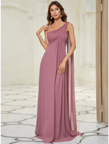 A-Line Evening Gown Empire Dress Wedding Guest Formal Evening Floor Length Sleeveless One Shoulder Bridesmaid Dress Chiffon Backless with Pleats Draping