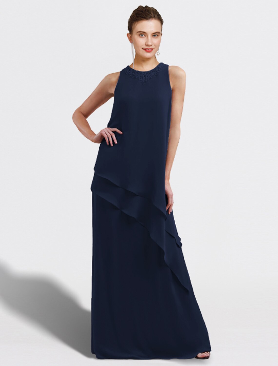 Two Piece A-Line Mother of the Bride Dress Elegant Plus Size Jewel Neck Floor Length Chiffon Sleeveless Wrap Included with Ruffles Appliques