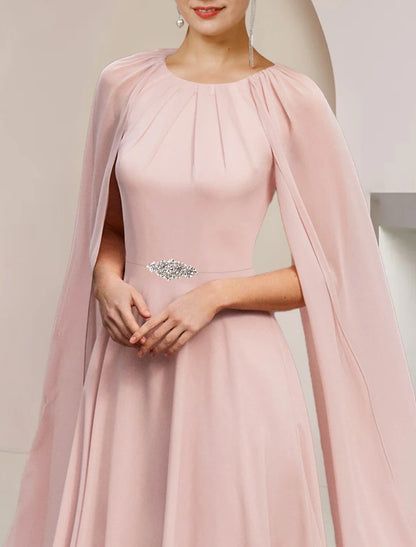A-Line Mother of the Bride Dress Wedding Guest Elegant Party Scoop Neck Tea Length Chiffon Sleeveless with Pleats Crystal Brooch