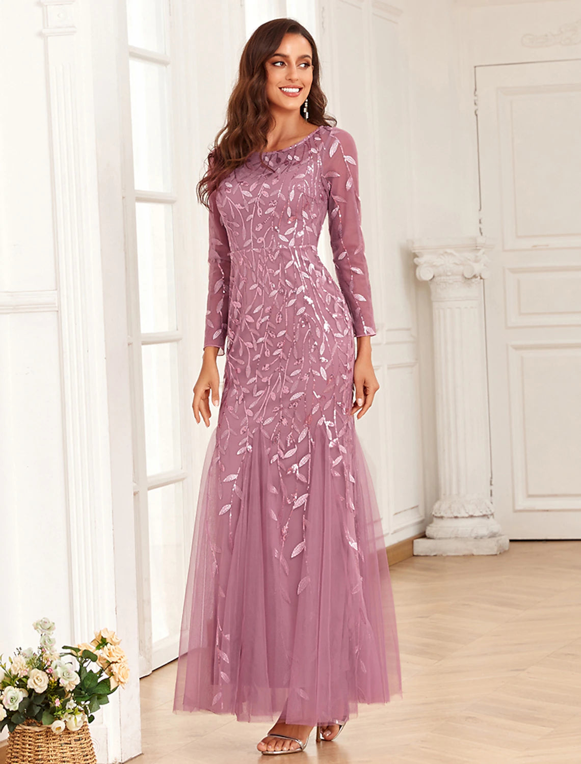 Mermaid / Trumpet Evening Gown Elegant Dress Wedding Guest Prom Floor Length Long Sleeve Jewel Neck Tulle with Embroidery