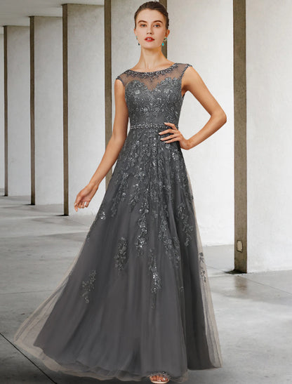 A-Line Mother of the Bride Dress Fall Wedding Guest Dresses Luxurious Elegant Jewel Neck Floor Length Lace Tulle Sleeveless with Sash / Ribbon Beading Sequin