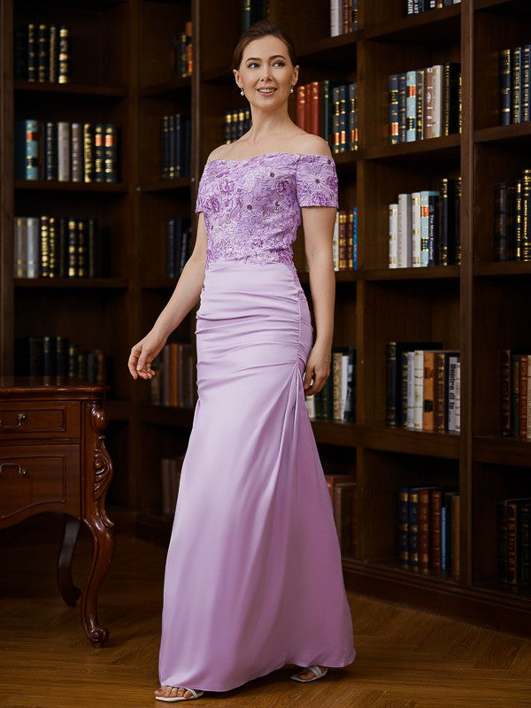 Sheath/Column Charmeuse Ruched Off-the-Shoulder Short Sleeves Floor-Length Mother of the Bride Dresses