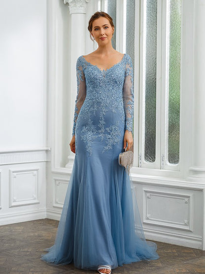 Sheath/Column Tulle Applique V-neck Long Sleeves Sweep/Brush Train Mother of the Bride Dresses