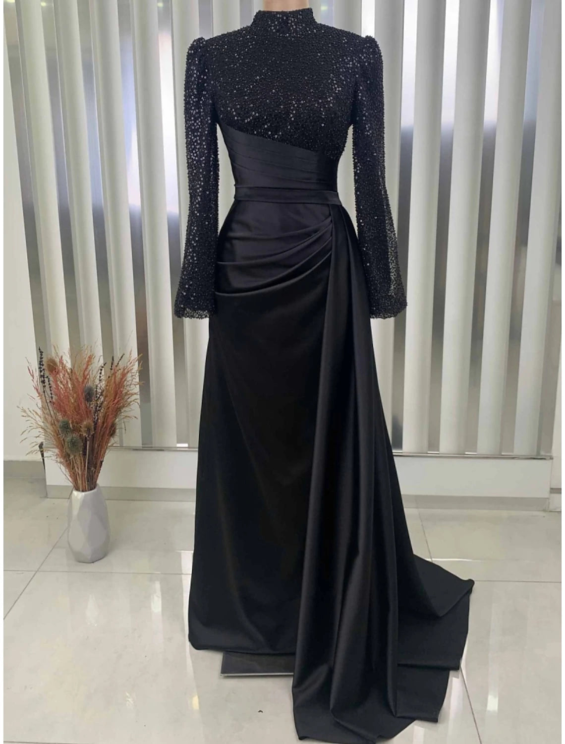 A-Line Evening Gown Champagne Christmas Elegant Dress Formal Sweep / Brush Train Long Sleeve High Neck Satin with Glitter Pleats Ruched