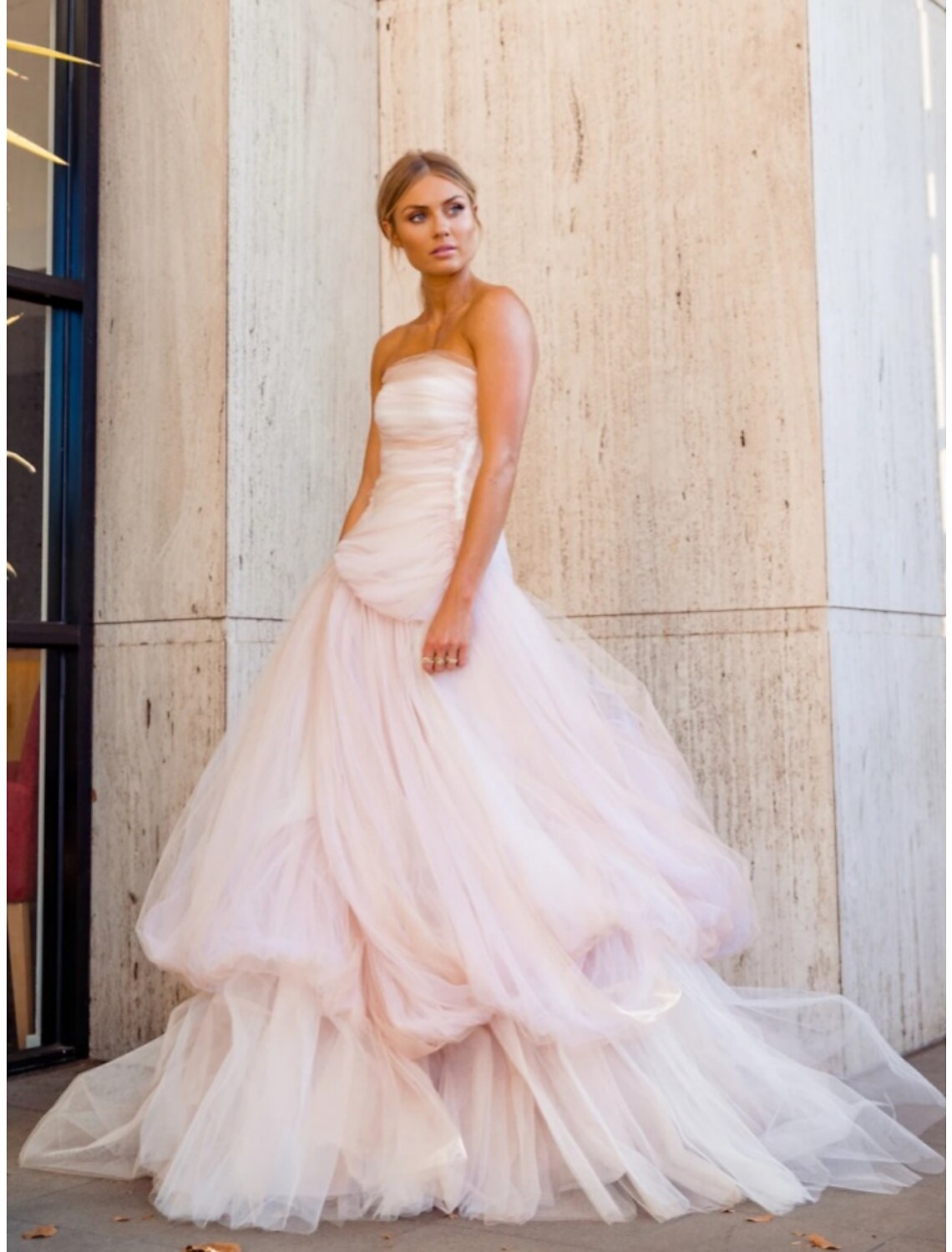 A-Line Evening Gown Elegant Dress Formal Court Train Sleeveless Strapless Tulle with Pleats Ruched
