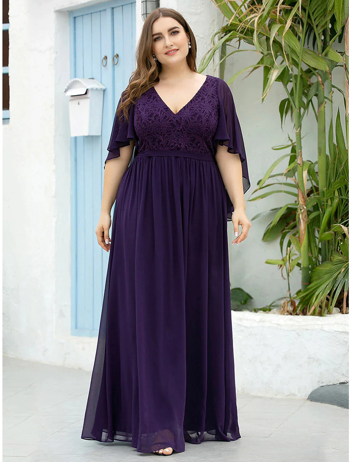 A-Line Mother of the Bride Dress Plus Size Elegant V Neck Floor Length ...