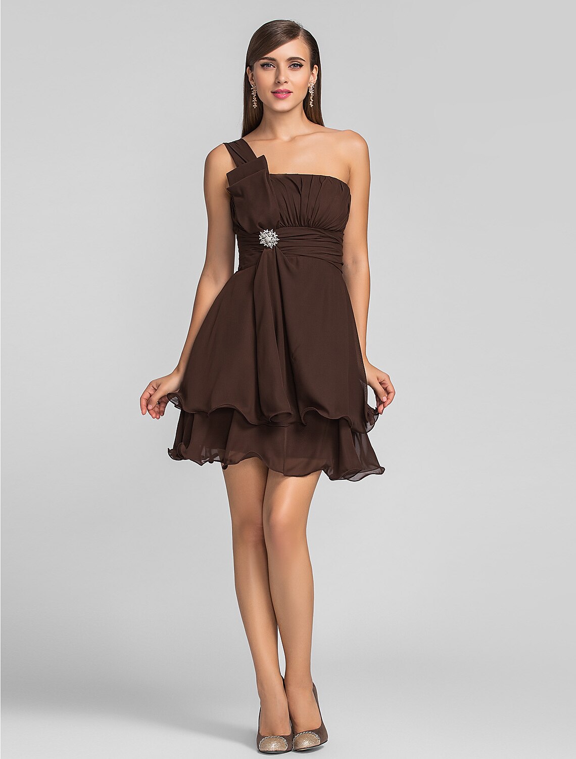 A-Line Minimalist Cute Dress Homecoming Cocktail Party Short / Mini One Shoulder Sleeveless Chiffon with Ruched Draping Crystal Brooch