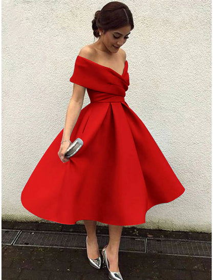 A-Line Cocktail Dresses 1950s Dress Wedding Guest Christmas Red Green Dress Tea Length Short Sleeve V Neck Stretch Fabric V Back with Pleats