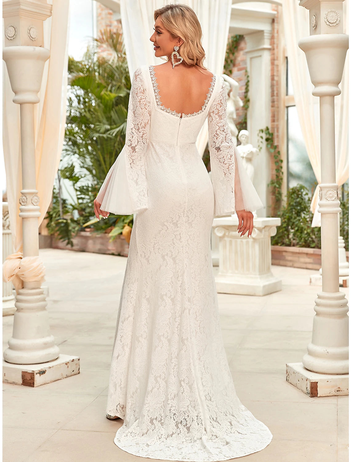 Reception Wedding Dresses Mermaid / Trumpet Square Neck Long Sleeve Sweep / Brush Train Lace Bridal Gowns With Split Front