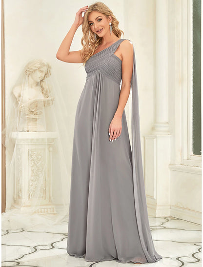 A-Line Evening Gown Empire Dress Wedding Guest Formal Evening Floor Length Sleeveless One Shoulder Bridesmaid Dress Chiffon Backless with Pleats Draping