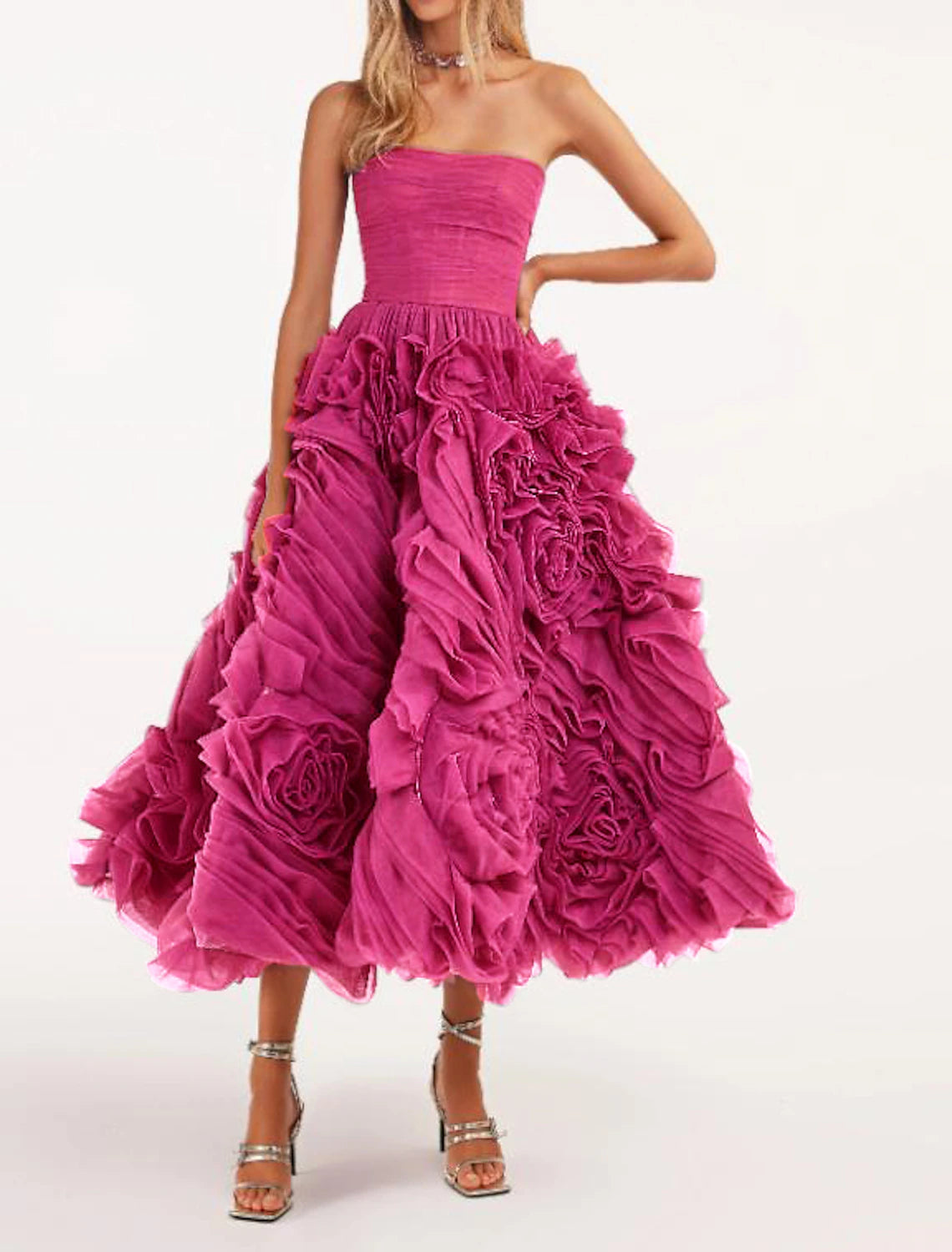 A-Line Prom Dresses Floral Dress Wedding Guest Quinceanera Ankle Length Sleeveless Strapless Tulle Backless with Ruched