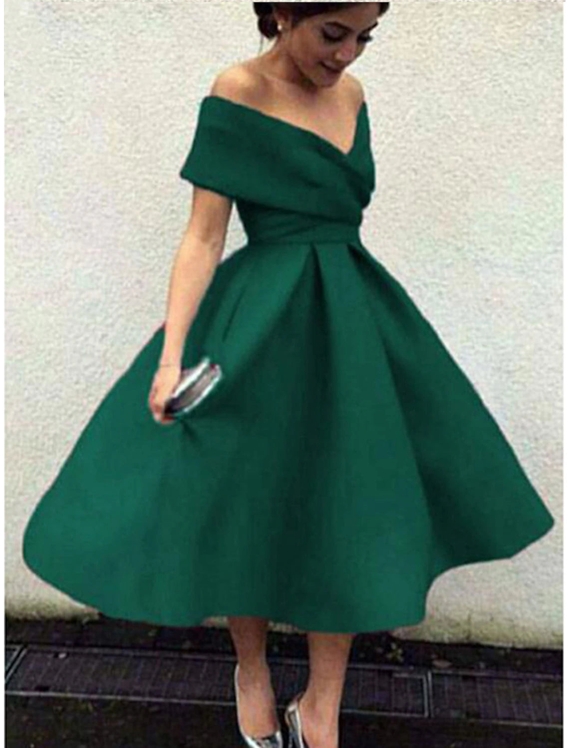 A-Line Cocktail Dresses 1950s Dress Wedding Guest Christmas Red Green Dress Tea Length Short Sleeve V Neck Stretch Fabric V Back with Pleats
