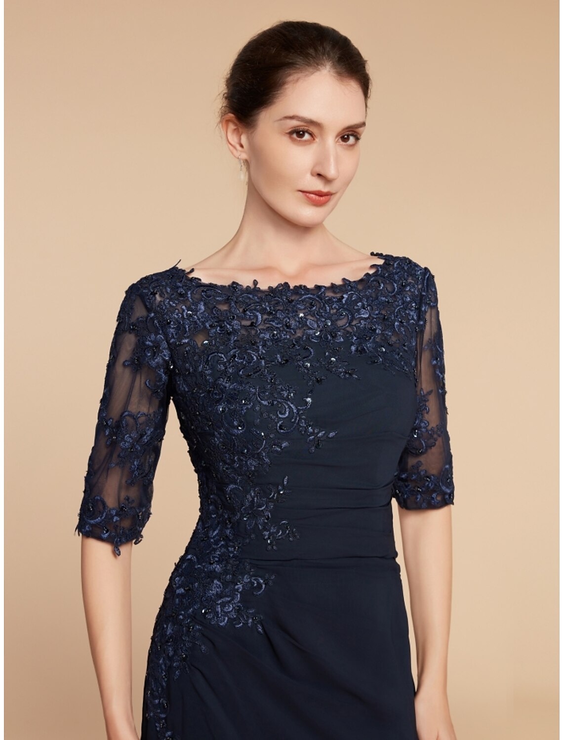 Sheath / Column Mother of the Bride Dress Wedding Guest Elegant Scoop Neck Ankle Length Chiffon Lace Half Sleeve with Sequin Ruching Solid Color