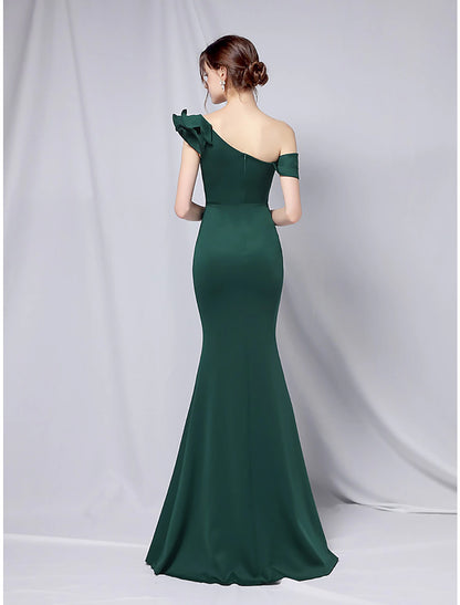 Mermaid Party Dress Evening Gown Empire Dress Wedding Guest Formal Evening Floor Length Short Sleeve One Shoulder Stretch Satin with Ruffles