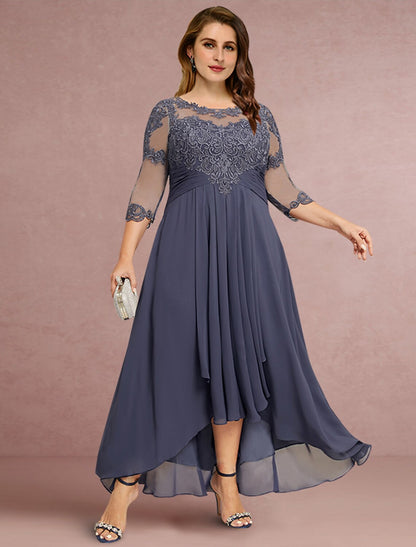 Sheath / Column Mother of the Bride Dress Wedding Guest Elegant Jewel Neck Asymmetrical Chiffon Lace 3/4 Length Sleeve with Pleats Solid Color