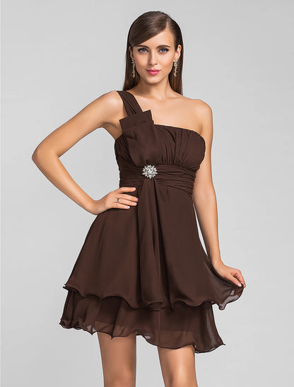 A-Line Minimalist Cute Dress Homecoming Cocktail Party Short / Mini One Shoulder Sleeveless Chiffon with Ruched Draping Crystal Brooch