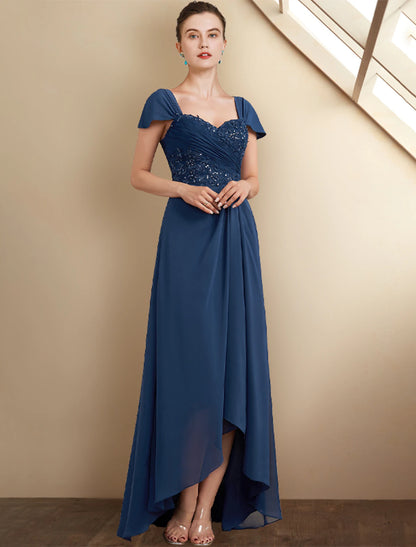 A-Line Mother of the Bride Dress Wedding Guest Elegant High Low Square Neck Asymmetrical Tea Length Chiffon Lace Cap Sleeve Fall Wrap Included with Sequin Appliques Side-Draped