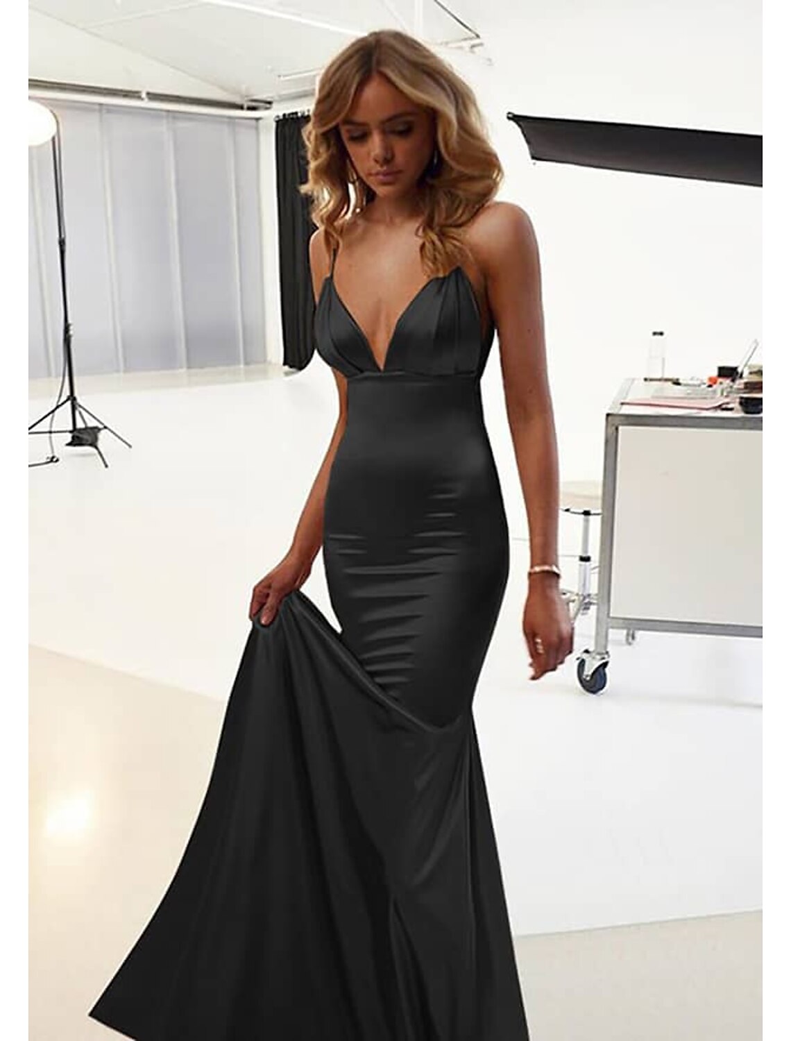 Mermaid / Trumpet Wedding Guest Dresses Sexy Dress Prom Black Tie Gala Floor Length Sleeveless Spaghetti Strap Cotton Backless with Ruched