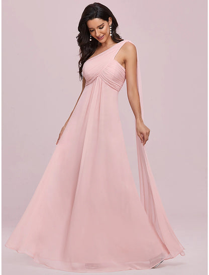 A-Line Evening Gown Empire Dress Wedding Guest Formal Evening Floor Length Sleeveless One Shoulder Bridesmaid Dress Chiffon Backless with Pleats Draping