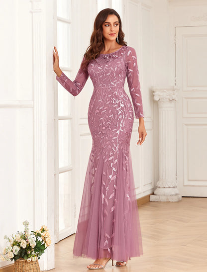 Mermaid / Trumpet Evening Gown Elegant Dress Wedding Guest Prom Floor Length Long Sleeve Jewel Neck Tulle with Embroidery