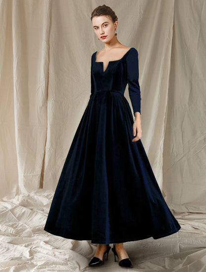 A-Line Mother of the Bride Dress Wedding Guest Elegant V Neck Ankle Length Velvet Long Sleeve with Pleats