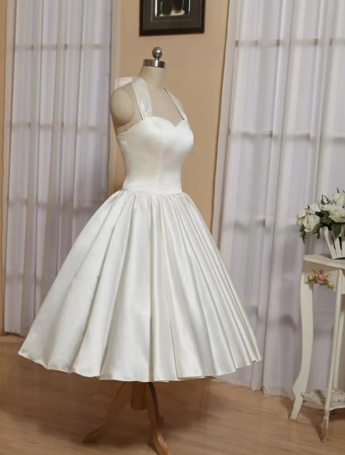 Ball Gown A-Line Cocktail Dresses Minimalist Dress Wedding Guest Engagement Tea Length Sleeveless Halter Neck Italy Satin with Butterfly Pure Color