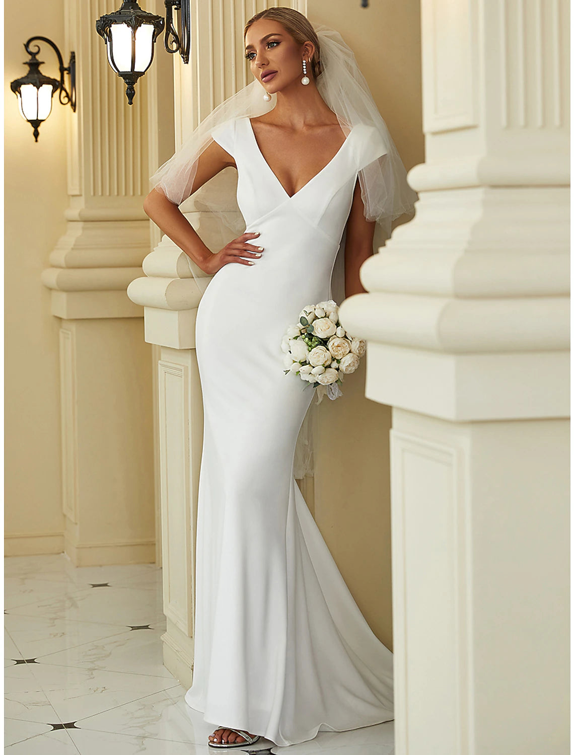 Reception Casual Wedding Dresses Mermaid / Trumpet V Neck Cap Sleeve Sweep / Brush Train Stretch Fabric Bridal Gowns With Draping Solid Colo
