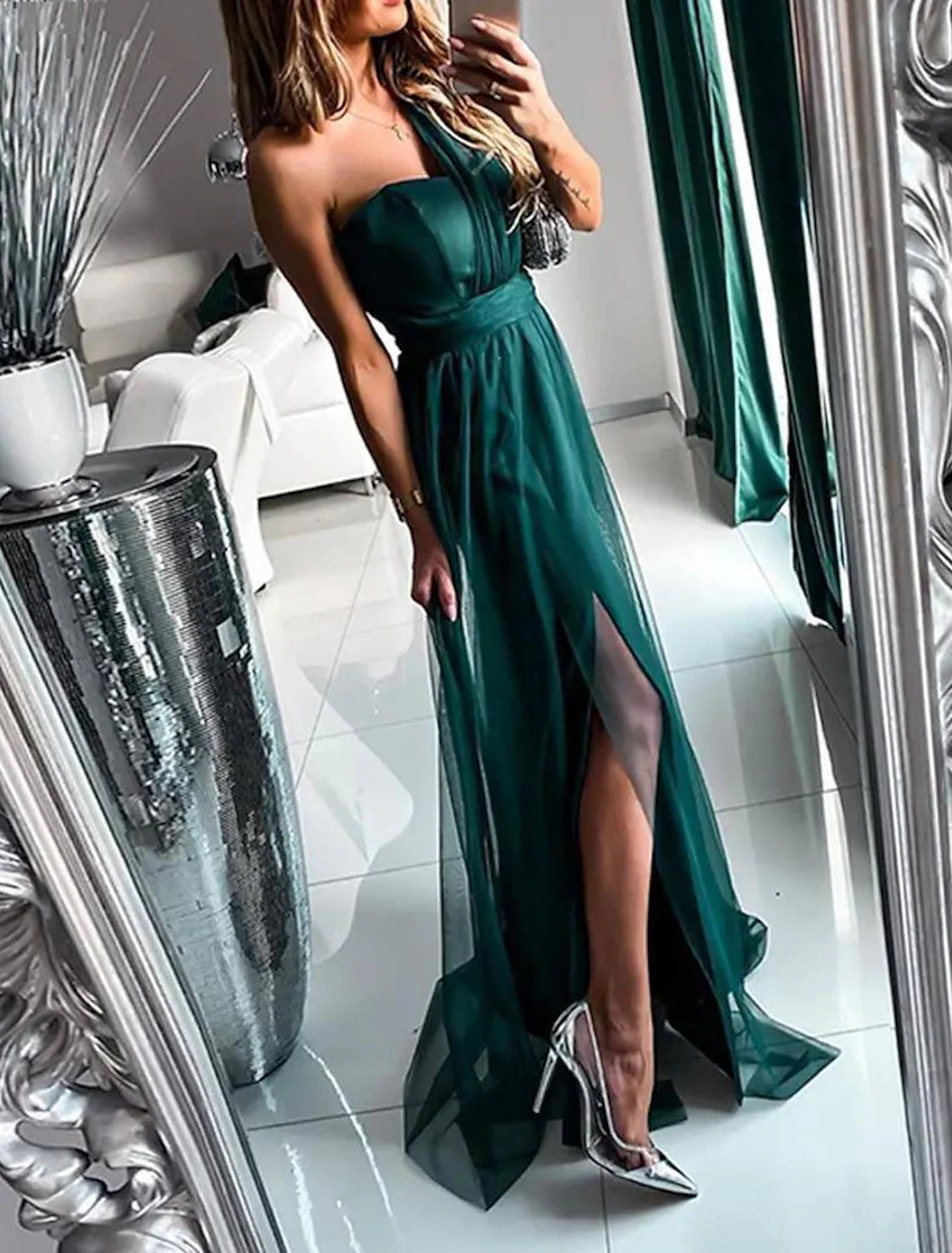 A-Line Wedding Guest Dresses Sexy Dress Wedding Guest Prom Sweep / Brush Train Sleeveless One Shoulder Polyester with Pleats Slit