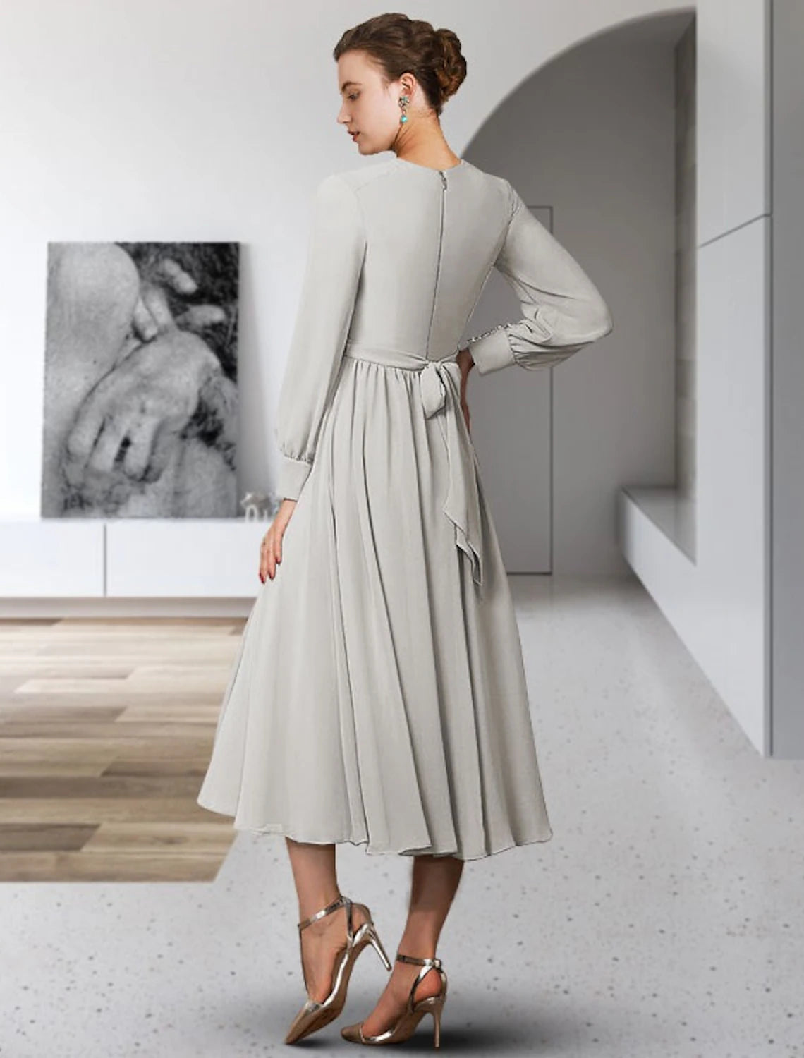 A-Line Mother of the Bride Dress Elegant Jewel Neck Tea Length Chiffon Long Sleeve with Bow(s) Buttons Pleats