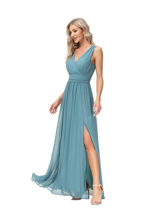 A-Line Evening Gown Empire Dress Party Wear Wedding Guest Floor Length Sleeveless V Neck Bridesmaid Dress Chiffon V Back with Slit
