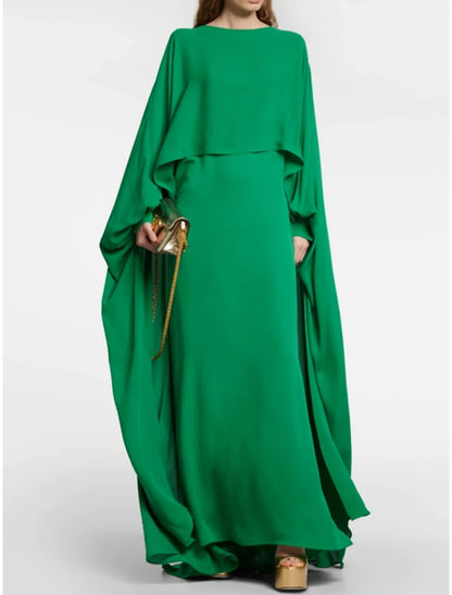A-Line Evening Gown Elegant Red Green Dress Formal Floor Length Long Sleeve Jewel Neck Chiffon with Pleats
