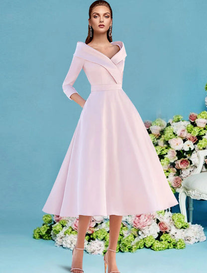 A-Line Mother of the Bride Dress Wedding Guest Elegant Vintage V Neck Tea Length Satin 3/4 Length Sleeve with Pleats