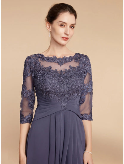 A-Line Mother of the Bride Dress Wedding Guest Elegant Scoop Neck Ankle Length Chiffon Lace 3/4 Length Sleeve with Ruching Solid Color