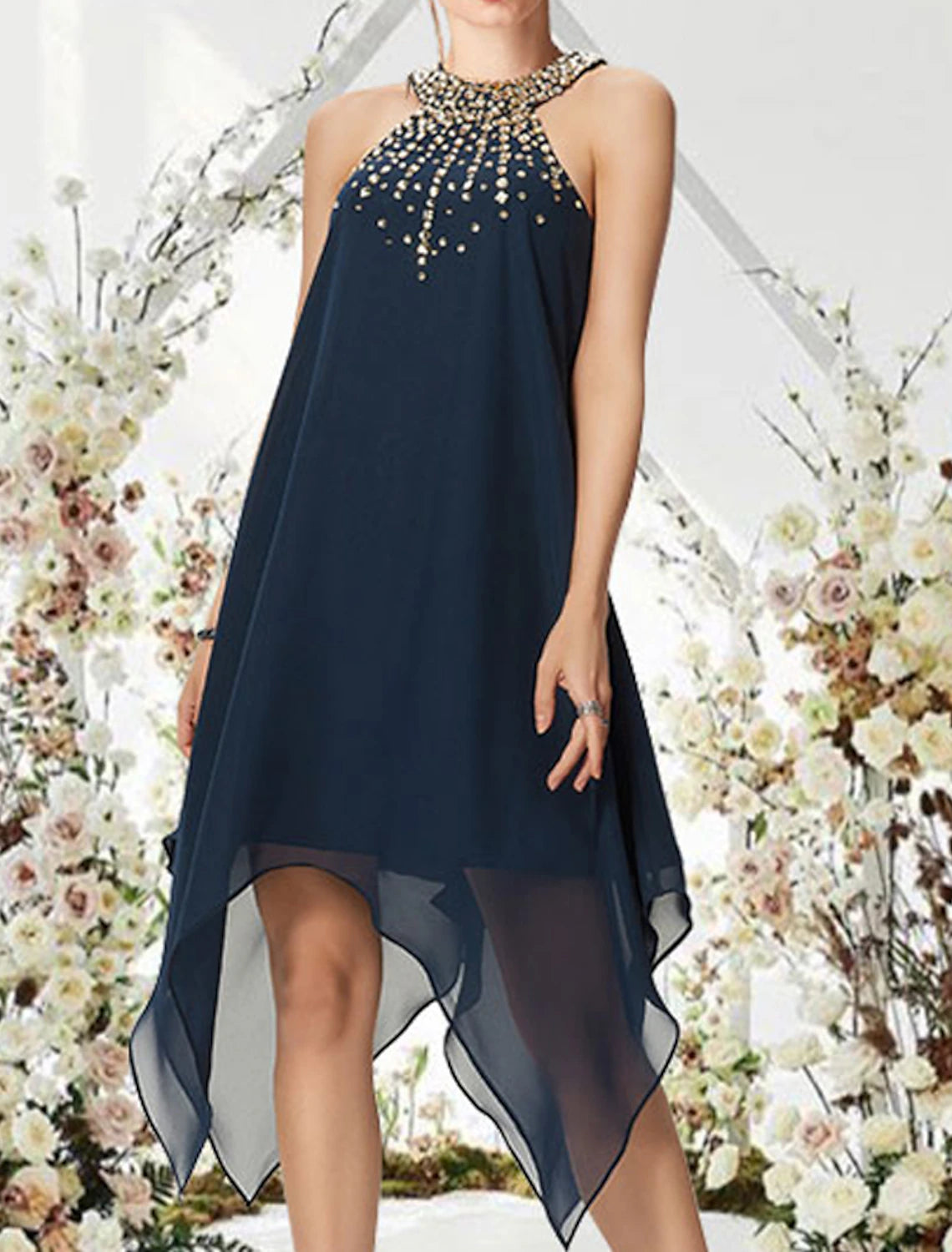 A-Line Cocktail Dresses Flirty Dress Wedding Guest Cocktail Party Asymmetrical Sleeveless Halter Neck Chiffon with Crystals Beading