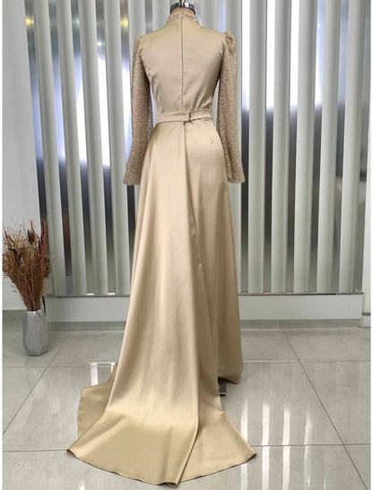 A-Line Evening Gown Champagne Christmas Elegant Dress Formal Sweep / Brush Train Long Sleeve High Neck Satin with Glitter Pleats Ruched