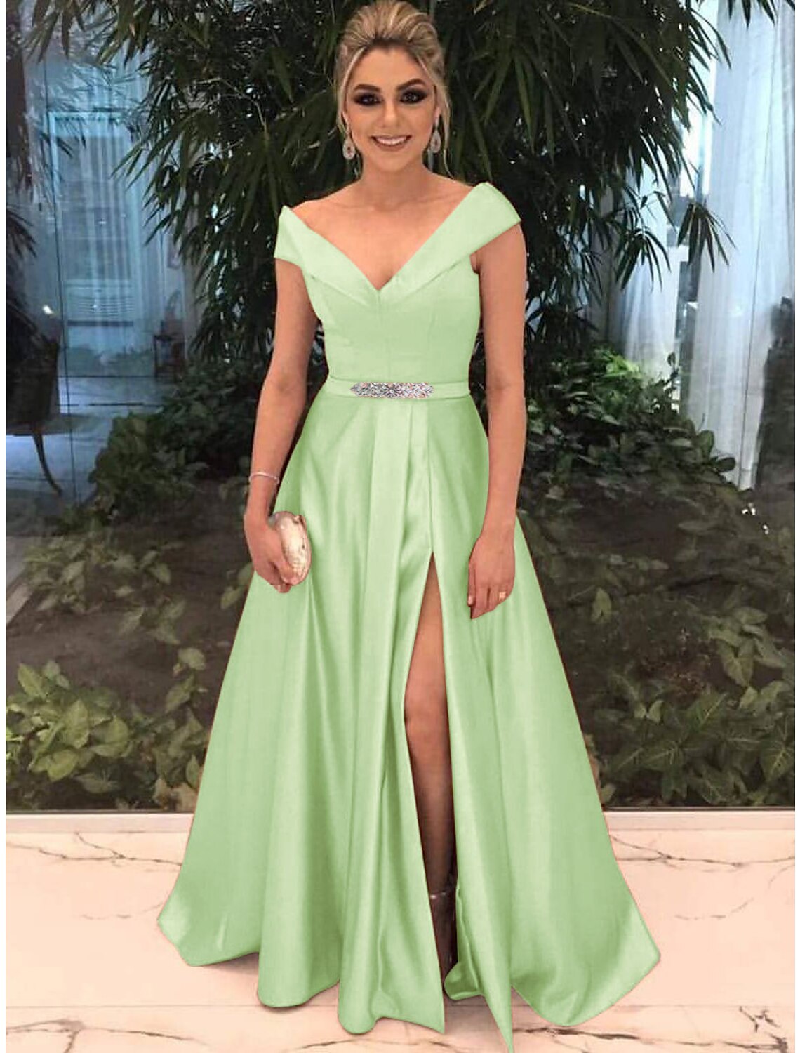 A-Line Evening Gown Elegant Dress Valentine's Day Prom Sweep / Brush Train Short Sleeve Off Shoulder Satin with Split Front