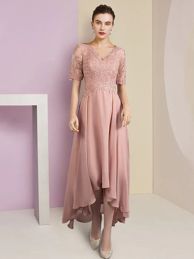 Two Piece A-Line Mother of the Bride Dress Formal Wedding Guest Elegant High Low V Neck Asymmetrical Tea Length Chiffon Lace Short Sleeve Wrap Included with Pleats Appliques